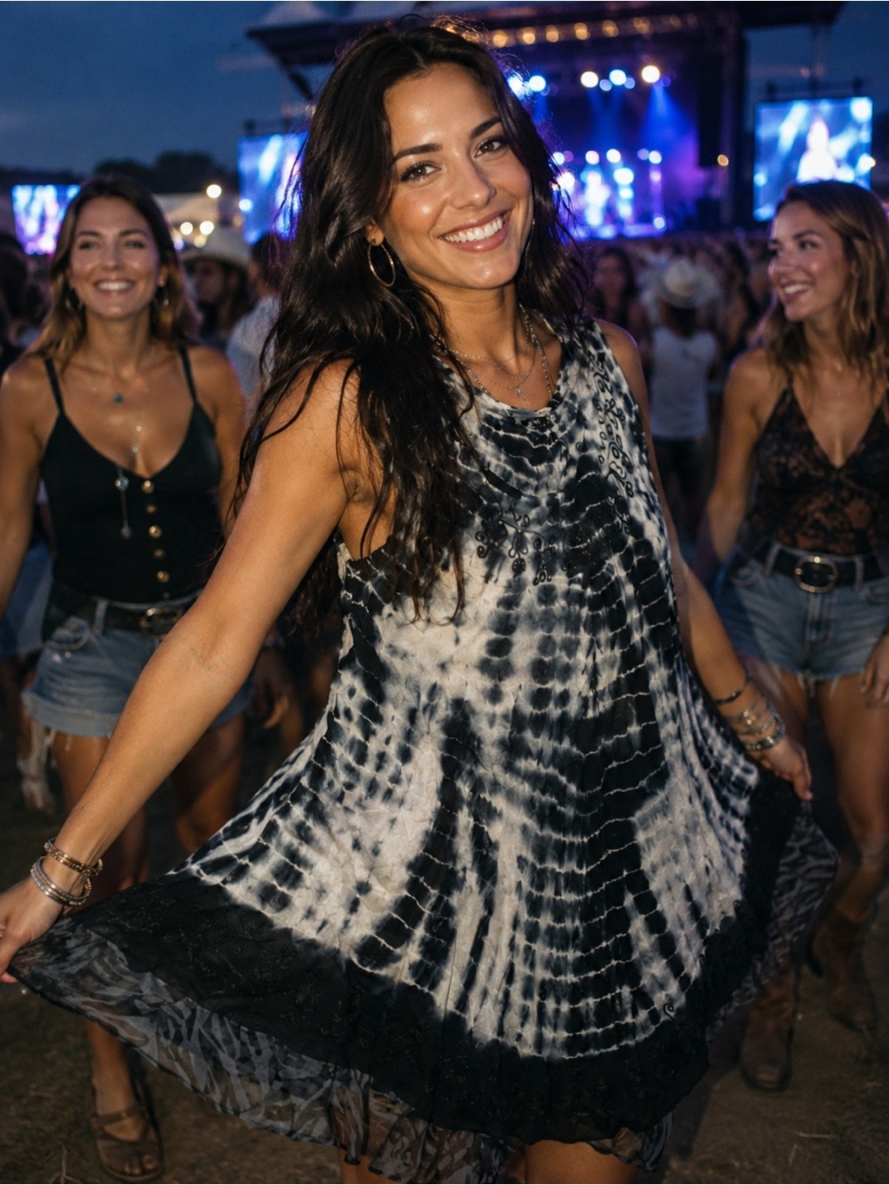 Ashley Taylor Black & White Tie-Dye Flared Tank Dress